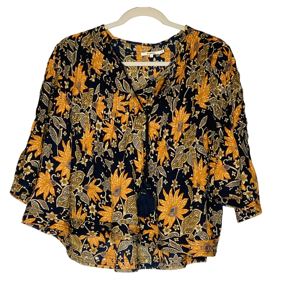 Revolve TULAROSA womens blue floral pleated ruffle sleeve tassel blouse S cotton